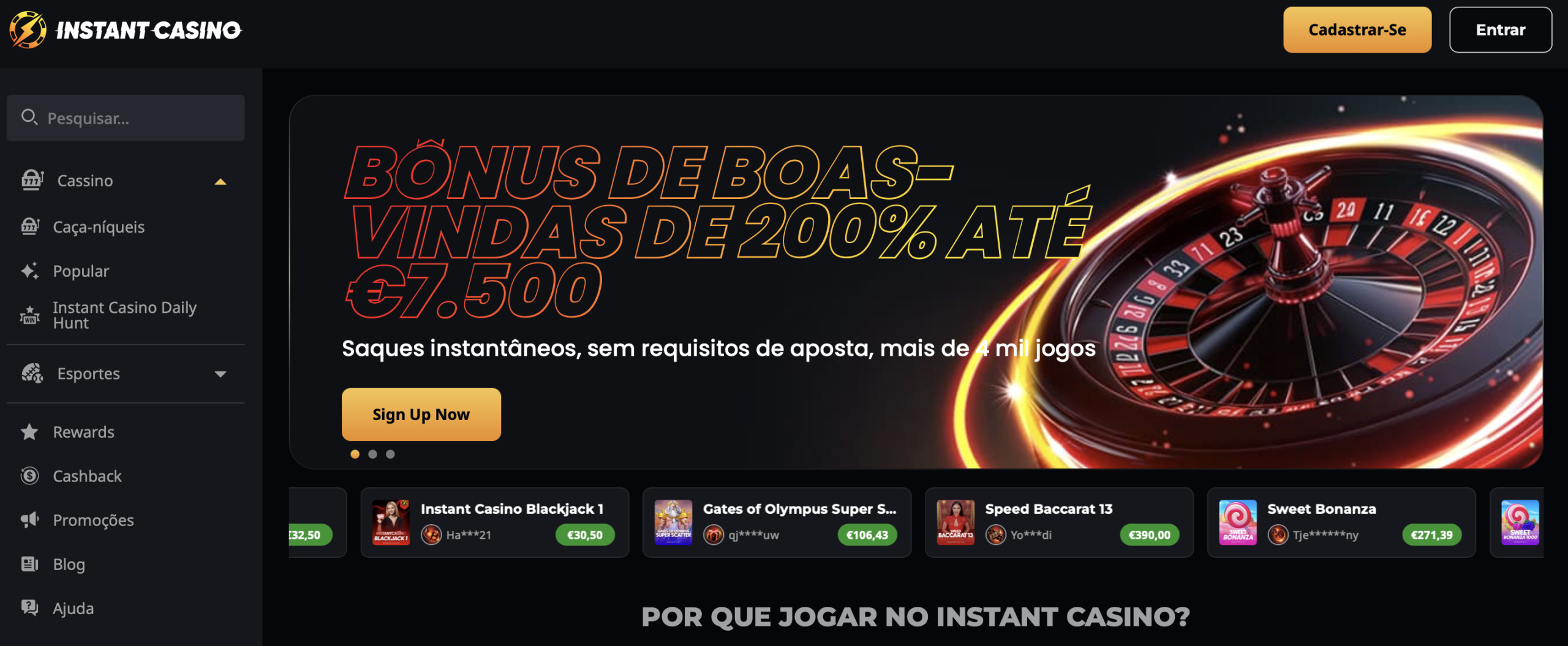 Instant Casino - Apostas Esportivas e Cassino com Cashback Semanal Sem Wagering