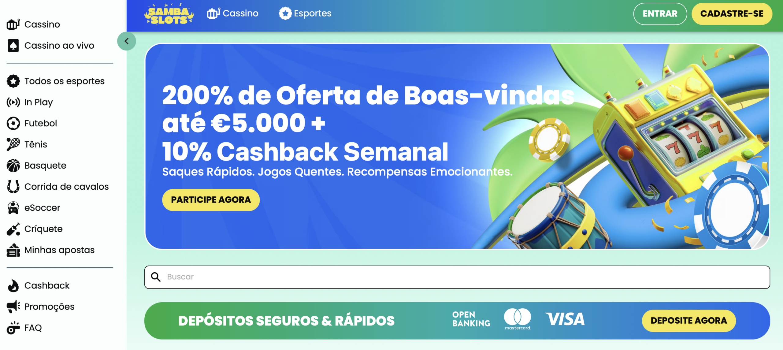 Samba Slots - Casa de Apostas com PIX, Cashback Sem Wagering e Bônus de até €5.000